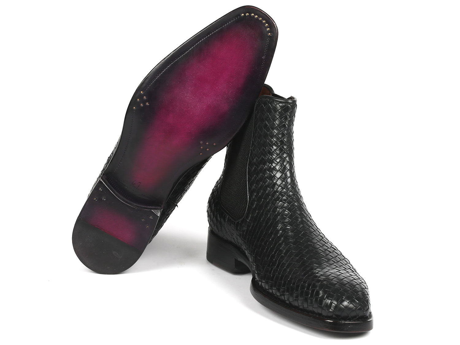 Paul Parkman Black Woven Leather Chelsea Boots featuring a woven leather upper and purple burnished sole, showcasing luxury and craftsmanship.
