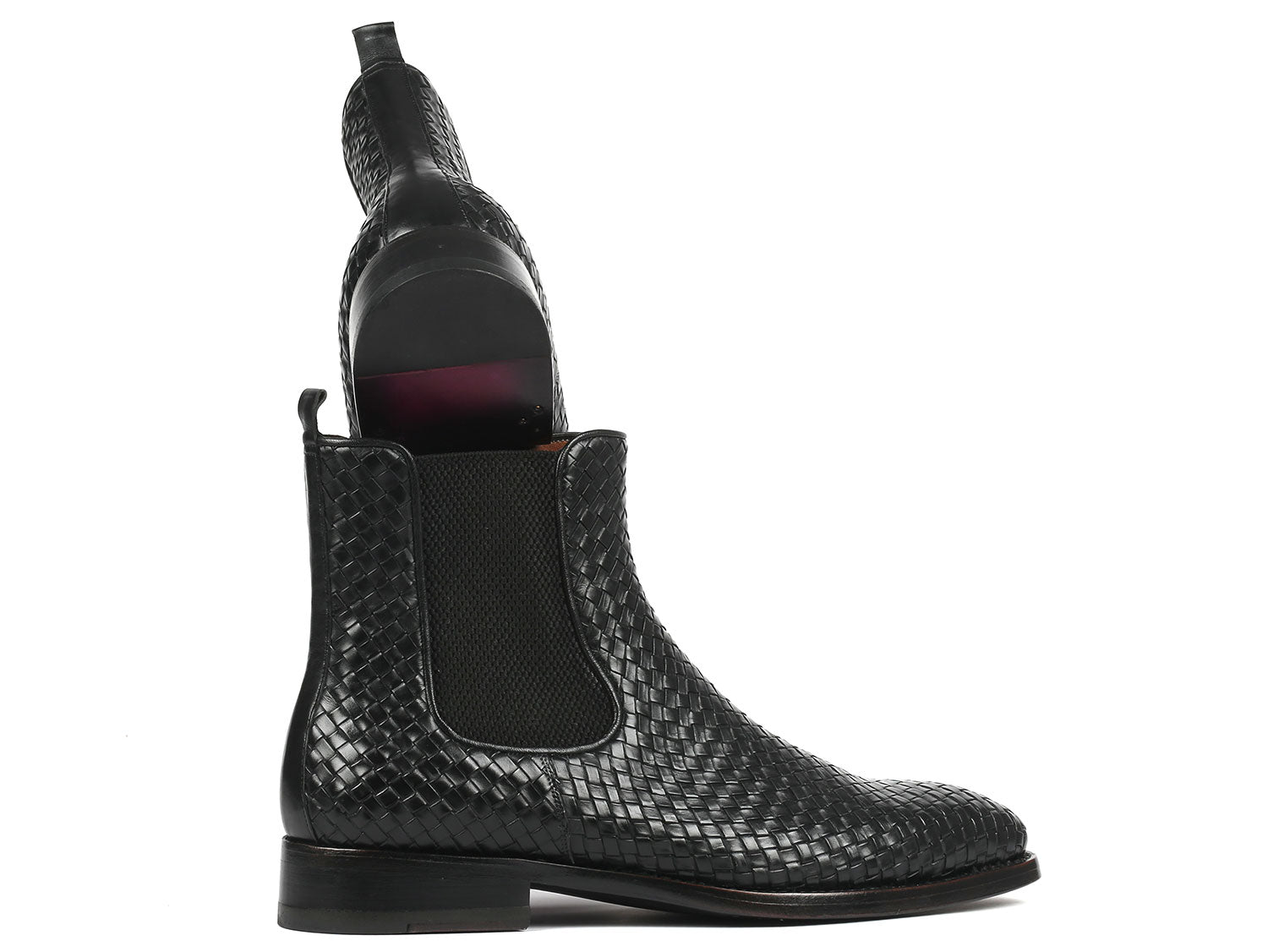 Paul Parkman Black Woven Leather Chelsea Boots featuring a woven leather upper and purple burnished sole, showcasing luxury and craftsmanship.