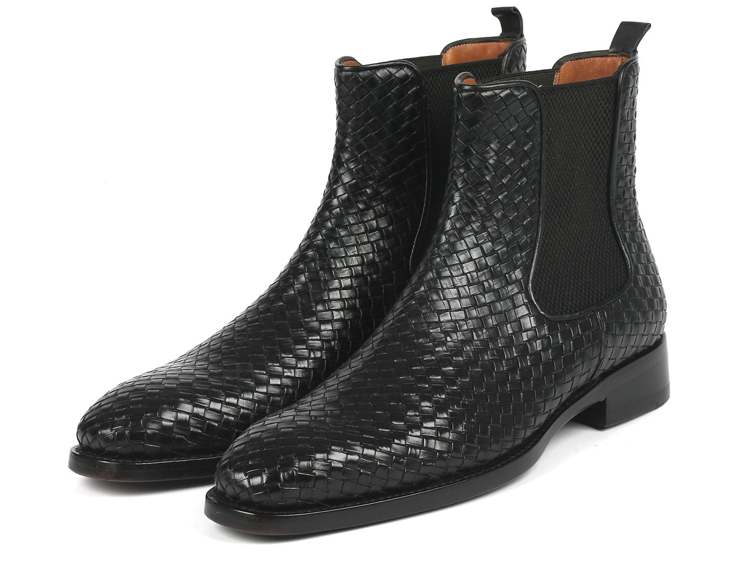 Paul Parkman Black Woven Leather Chelsea Boots featuring a woven leather upper and purple burnished sole, showcasing luxury and craftsmanship.
