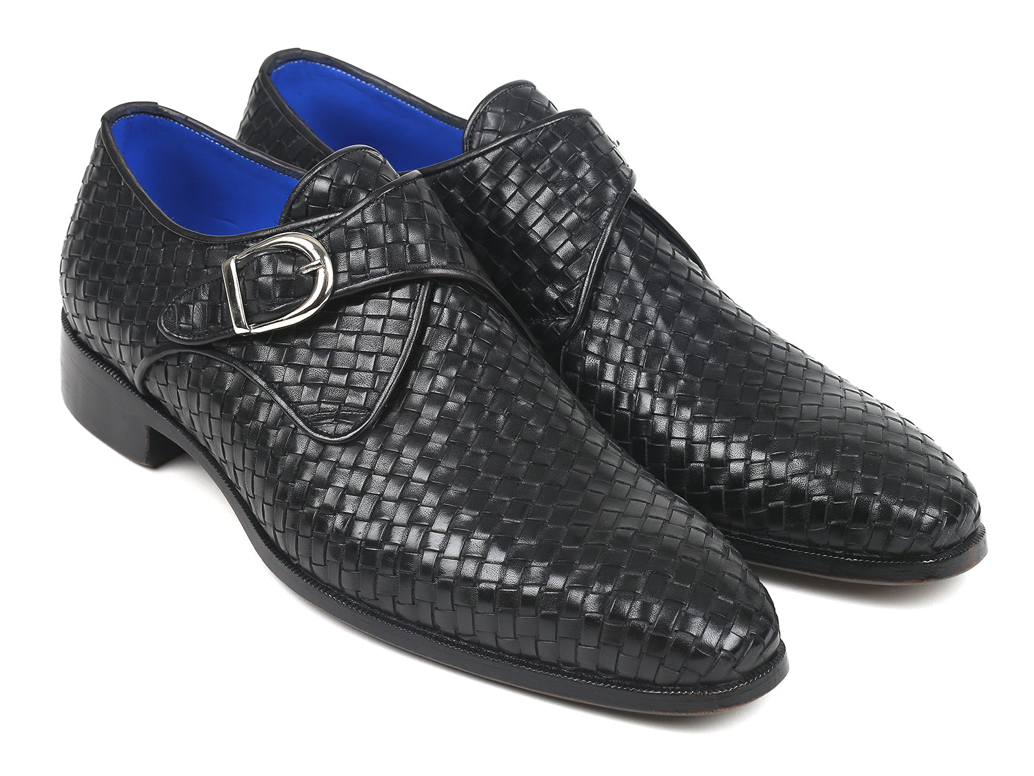 Paul Parkman Black Woven Leather Single Monkstraps showcasing hand-painted woven leather and blue lining.