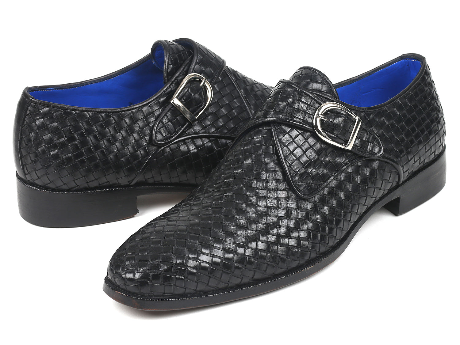 Paul Parkman Black Woven Leather Single Monkstraps showcasing hand-painted woven leather and blue lining.