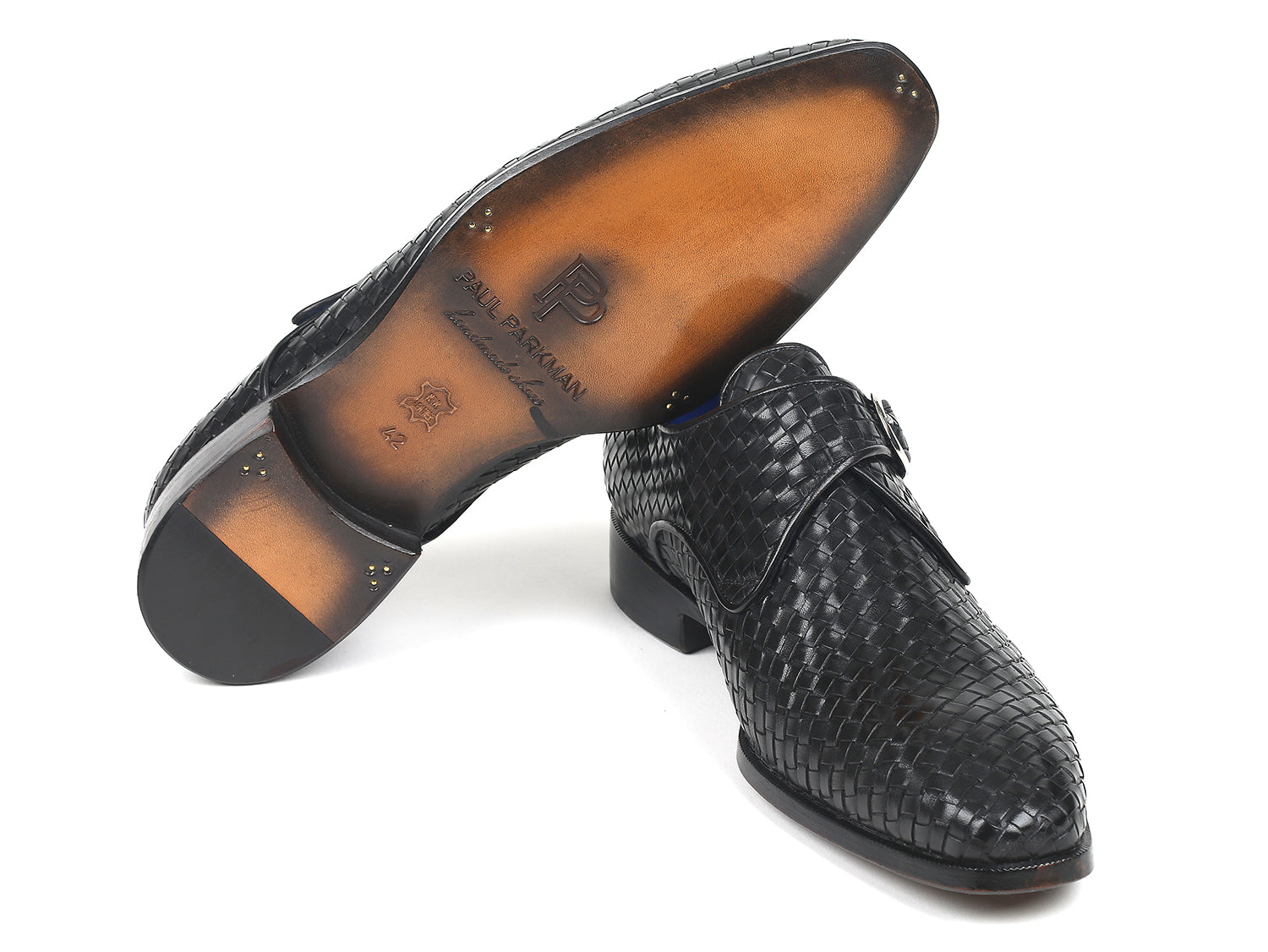 Paul Parkman Black Woven Leather Single Monkstraps showcasing hand-painted woven leather and blue lining.
