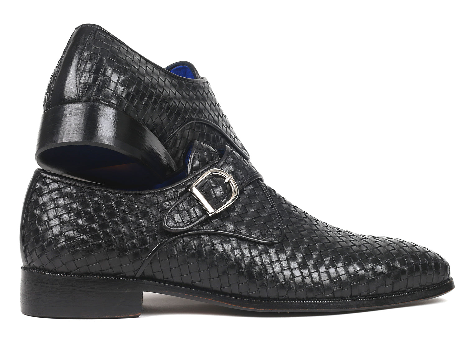Paul Parkman Black Woven Leather Single Monkstraps showcasing hand-painted woven leather and blue lining.