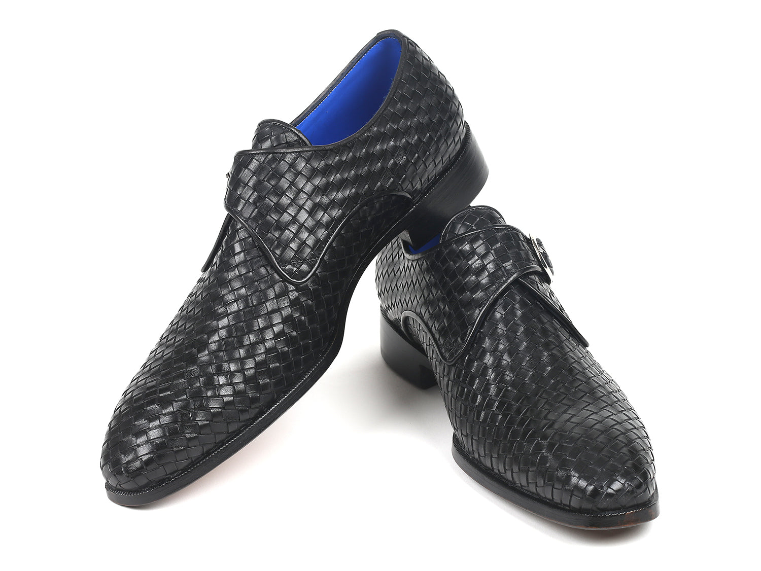 Paul Parkman Black Woven Leather Single Monkstraps showcasing hand-painted woven leather and blue lining.