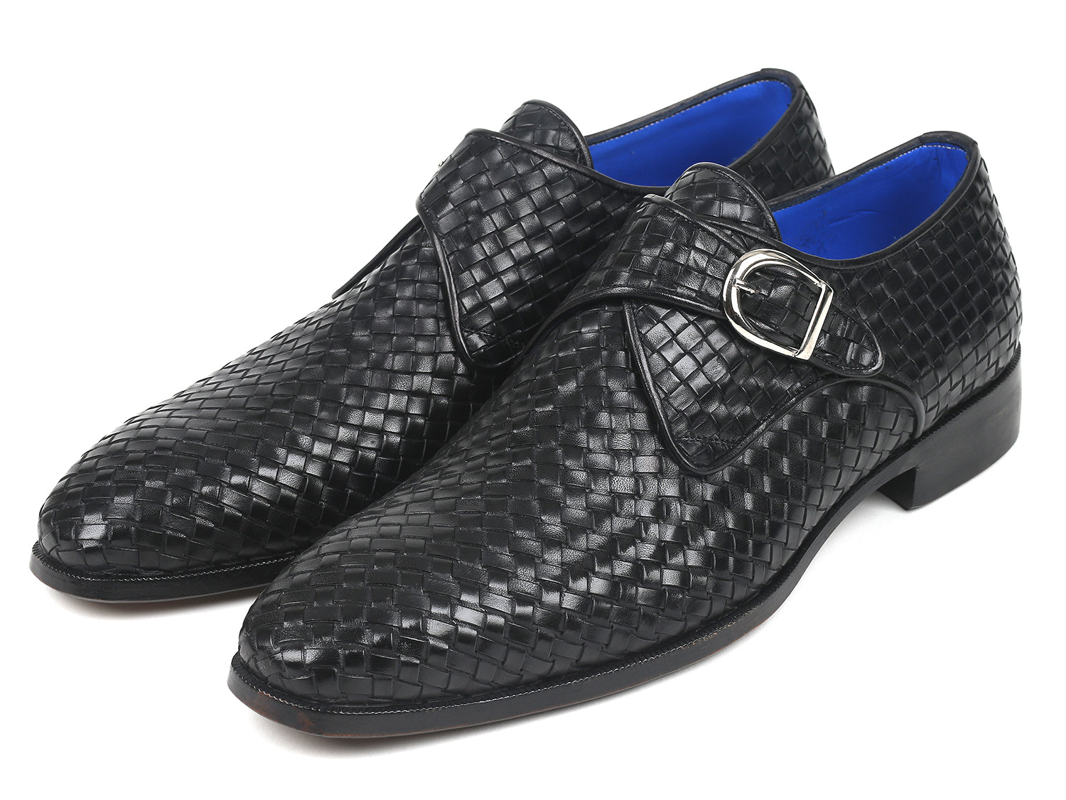 Paul Parkman Black Woven Leather Single Monkstraps showcasing hand-painted woven leather and blue lining.
