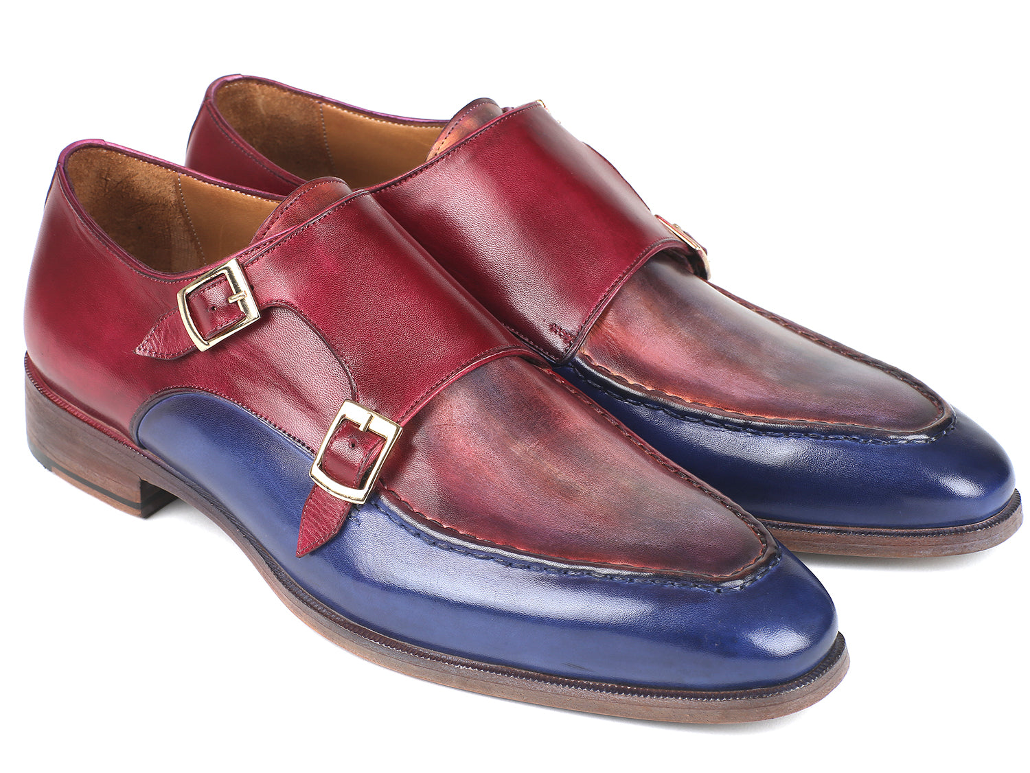 Paul Parkman Blue & Bordeaux Double Monkstraps showcasing hand-painted calfskin upper and antiqued leather sole.