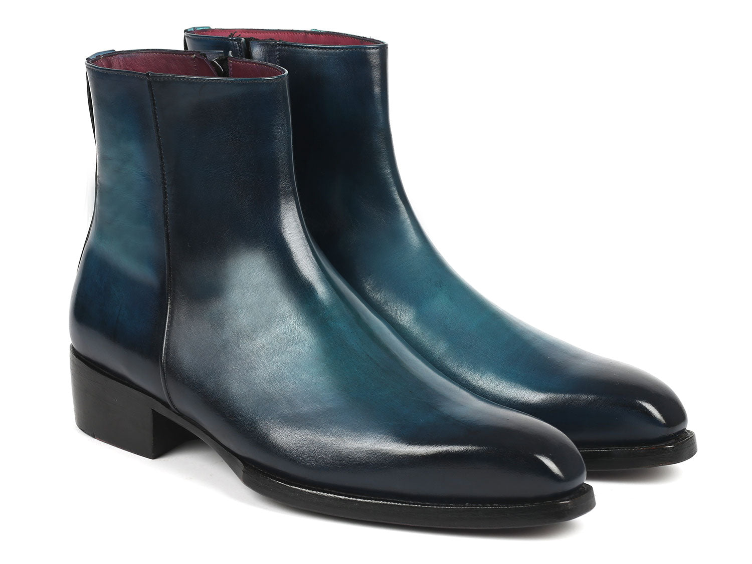 Paul Parkman Blue Burnished Side Zipper Boots showcasing elegant blue leather, side zipper design, and handcrafted double leather sole.