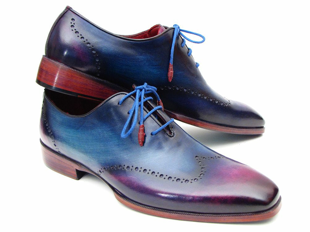 Paul Parkman Blue & Purple Wingtip Oxfords showcasing unique hand-painted leather upper and turquoise burnished leather sole.