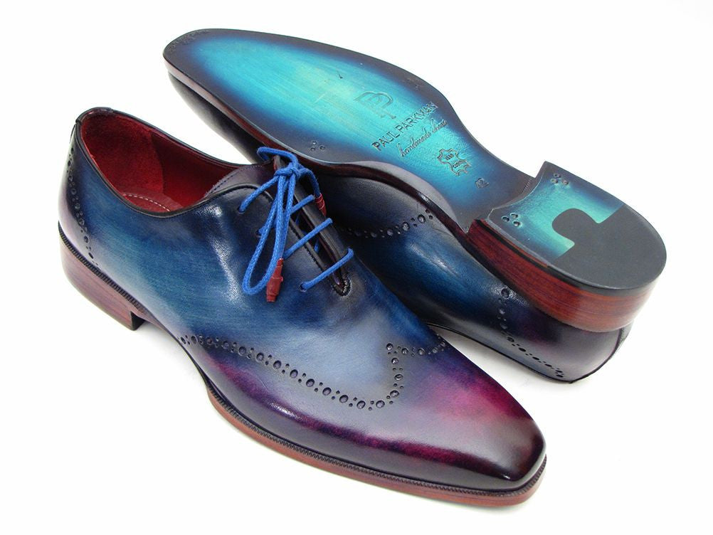 Paul Parkman Blue & Purple Wingtip Oxfords showcasing unique hand-painted leather upper and turquoise burnished leather sole.