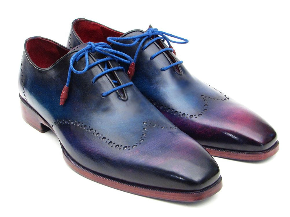 Paul Parkman Blue & Purple Wingtip Oxfords showcasing unique hand-painted leather upper and turquoise burnished leather sole.