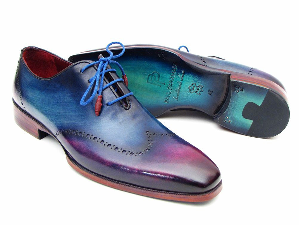 Paul Parkman Blue & Purple Wingtip Oxfords showcasing unique hand-painted leather upper and turquoise burnished leather sole.