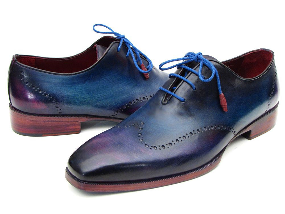 Paul Parkman Blue & Purple Wingtip Oxfords showcasing unique hand-painted leather upper and turquoise burnished leather sole.