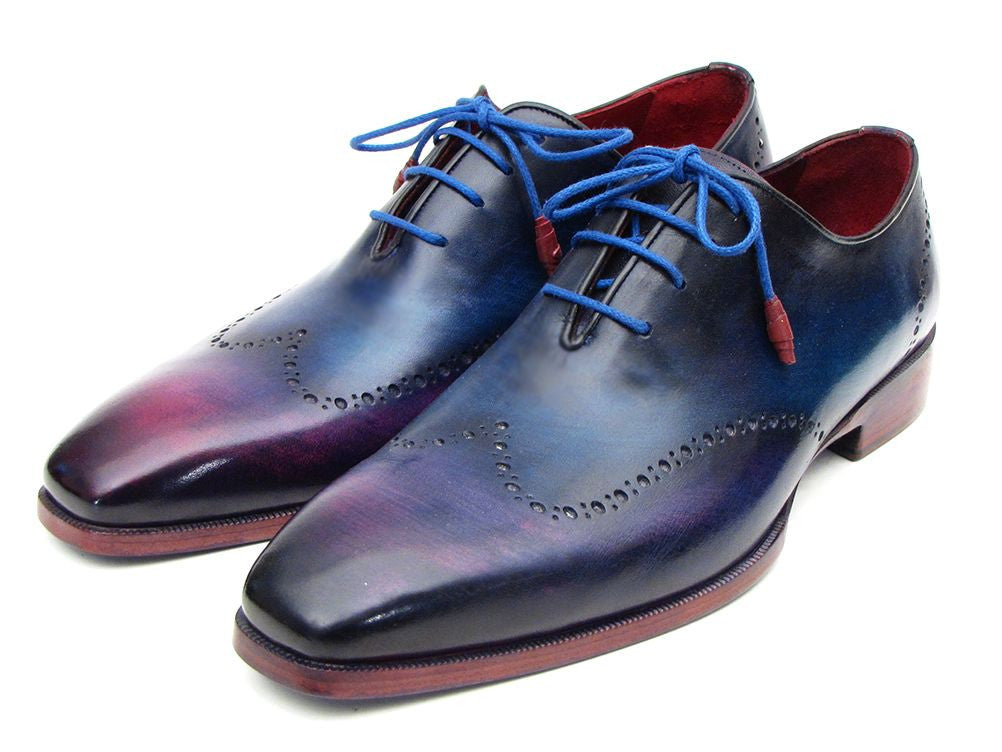 Paul Parkman Blue & Purple Wingtip Oxfords showcasing unique hand-painted leather upper and turquoise burnished leather sole.