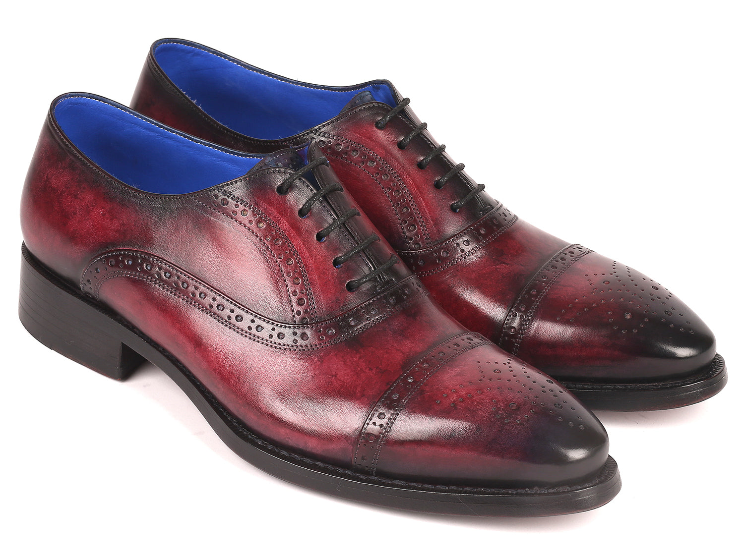 Paul Parkman Bordeaux Burnished Goodyear Welted Cap Toe Oxford Shoes featuring a luxurious hand-painted leather upper and elegant cap toe design.
