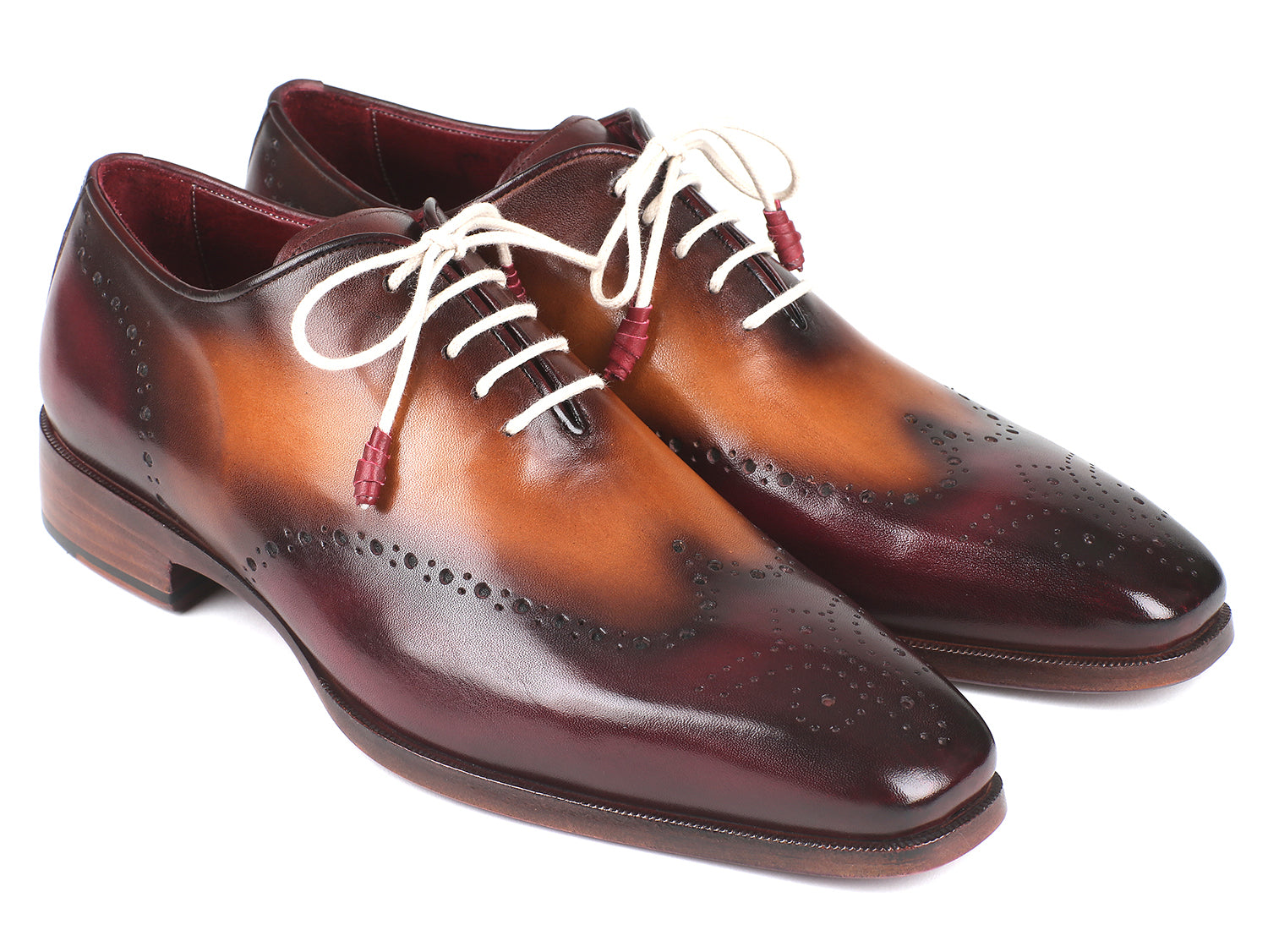 Paul Parkman Bordeaux & Camel Wingtip Oxfords showcasing unique hand-painted leather and elegant wingtip design.