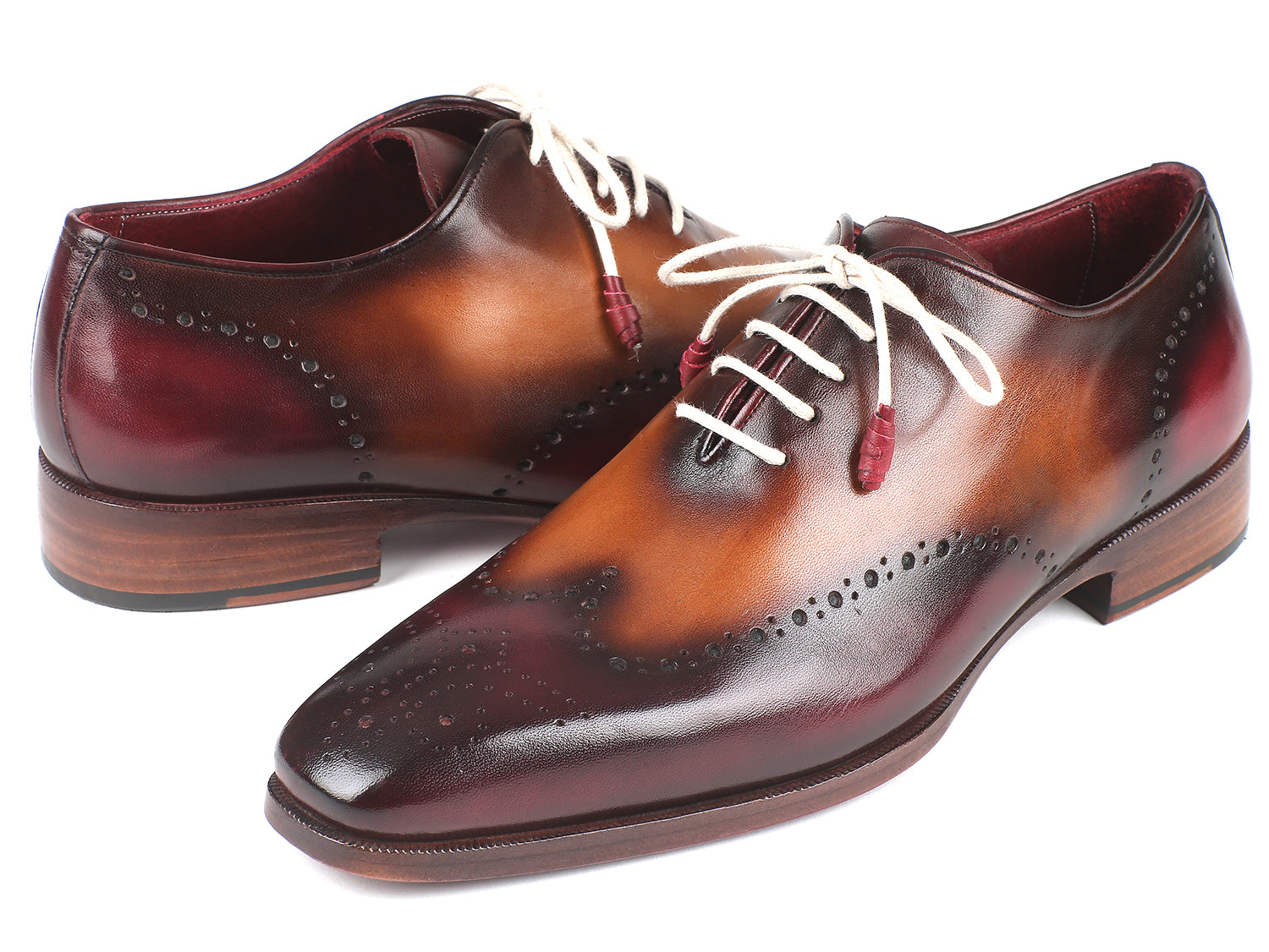 Paul Parkman Bordeaux & Camel Wingtip Oxfords showcasing unique hand-painted leather and elegant wingtip design.