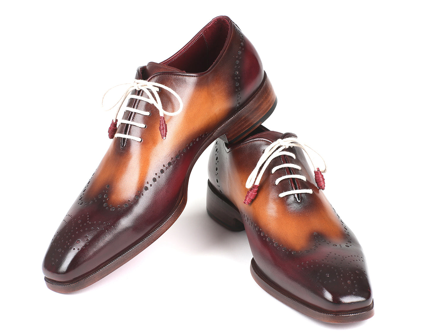 Paul Parkman Bordeaux & Camel Wingtip Oxfords showcasing unique hand-painted leather and elegant wingtip design.
