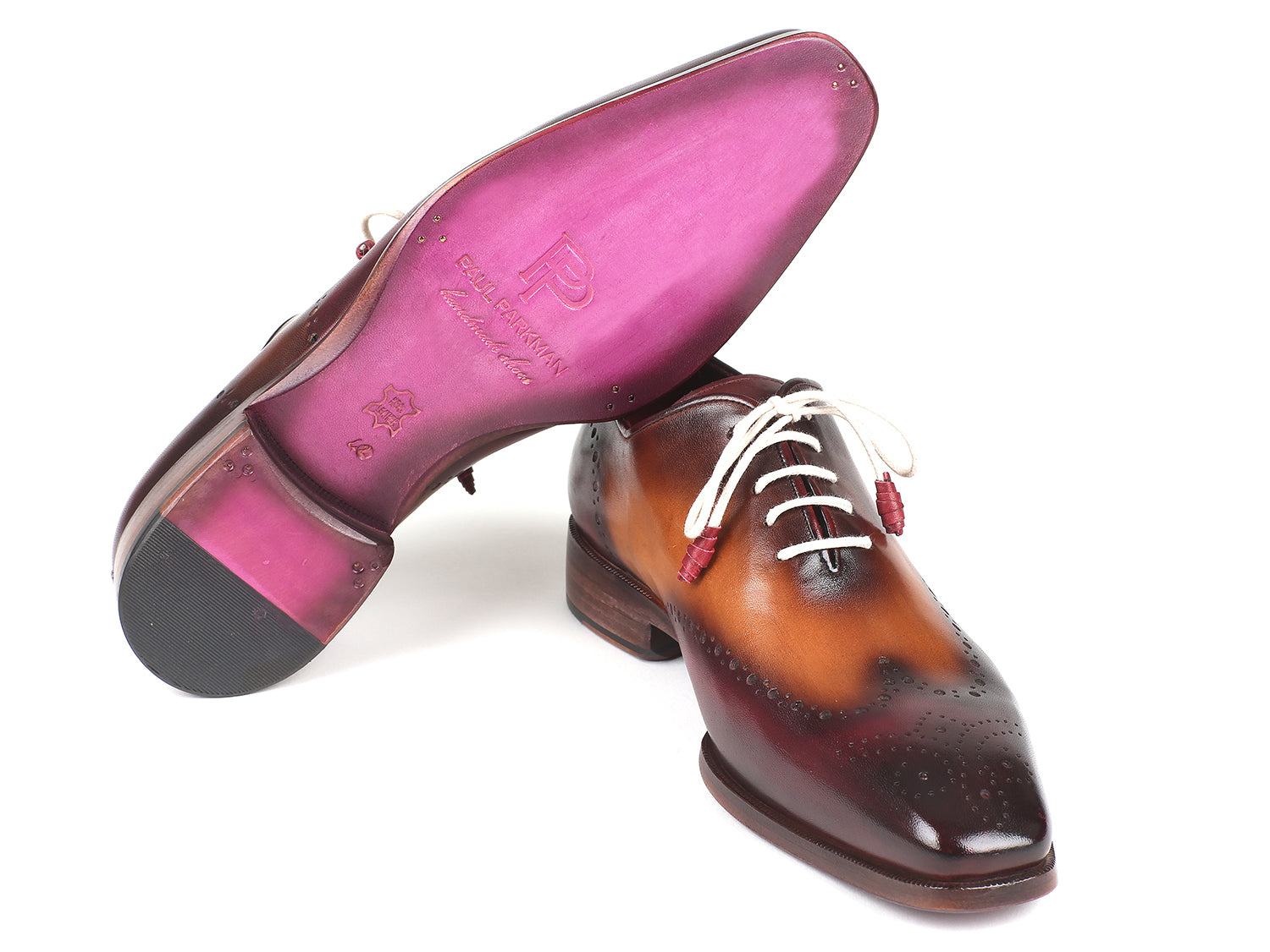 Paul Parkman Bordeaux & Camel Wingtip Oxfords showcasing unique hand-painted leather and elegant wingtip design.