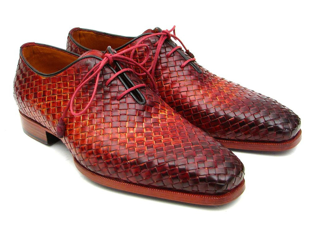 Paul Parkman Bordeaux & Tobacco Woven Leather Oxfords showcasing intricate woven design and luxurious hand-painted finish.