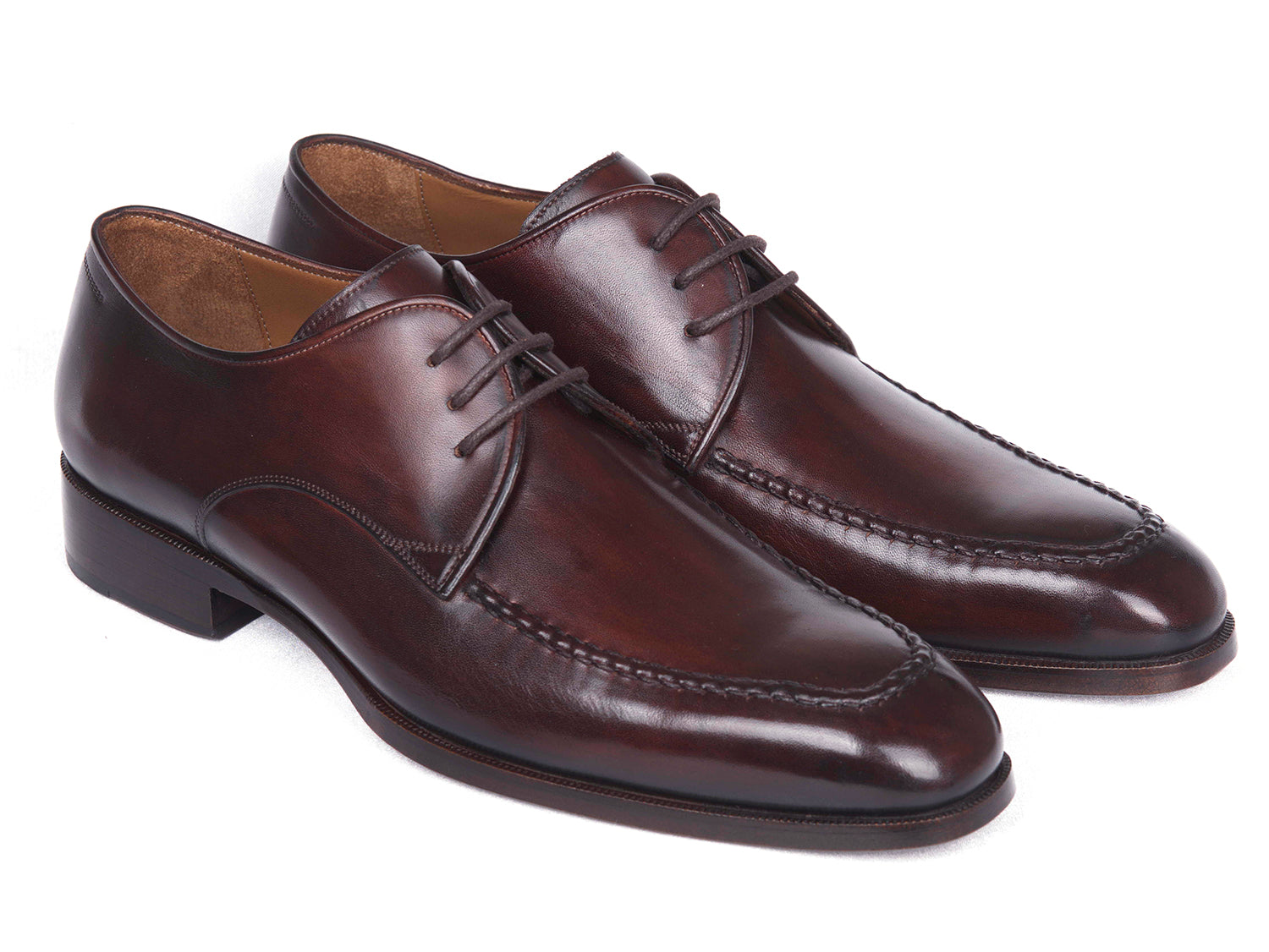 Paul Parkman Brown & Bordeaux Leather Apron Derby Shoes showcasing hand-painted calfskin upper and antique finished leather sole.