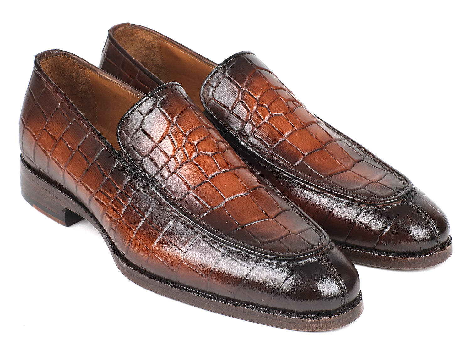 Paul Parkman Brown Burnished Crocodile Embossed Calfskin Loafers showcasing luxurious texture and elegant design.