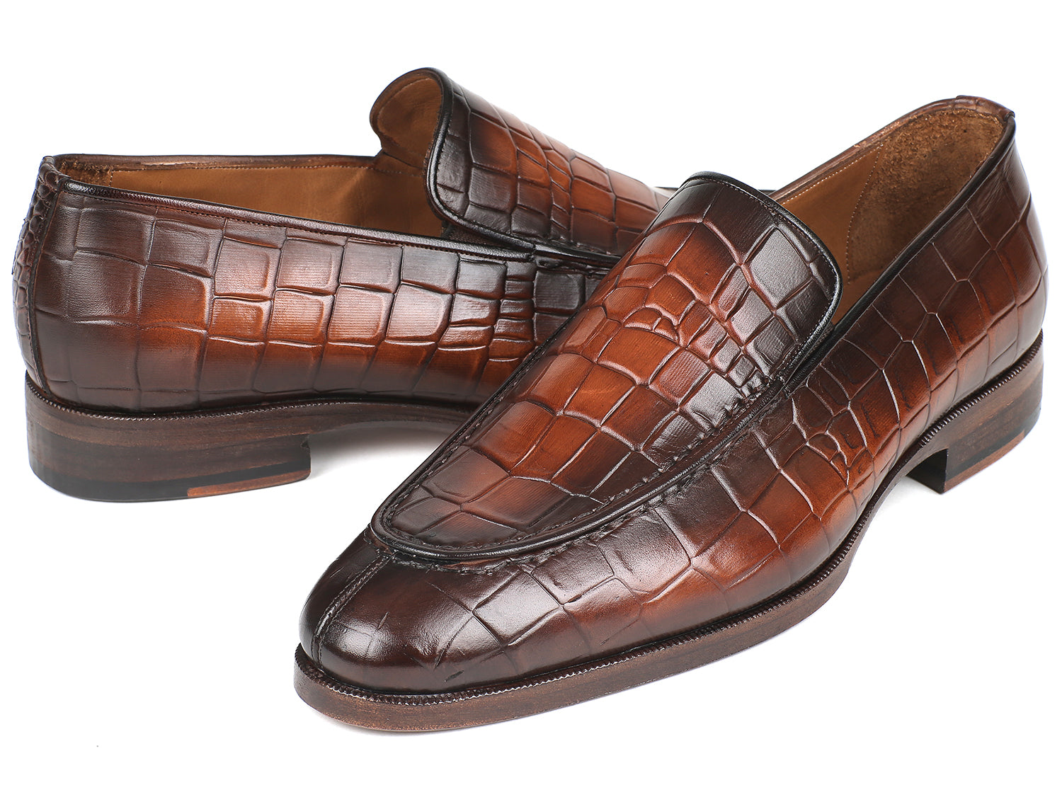 Paul Parkman Brown Burnished Crocodile Embossed Calfskin Loafers showcasing luxurious texture and elegant design.