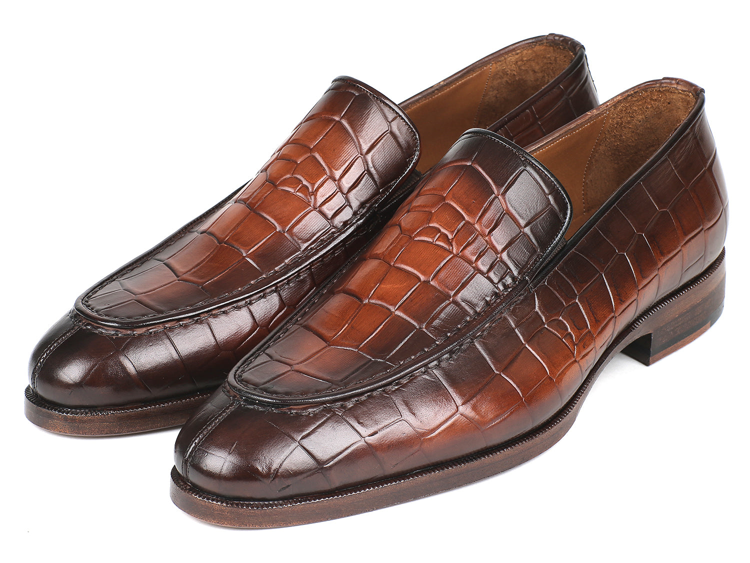 Paul Parkman Brown Burnished Crocodile Embossed Calfskin Loafers showcasing luxurious texture and elegant design.