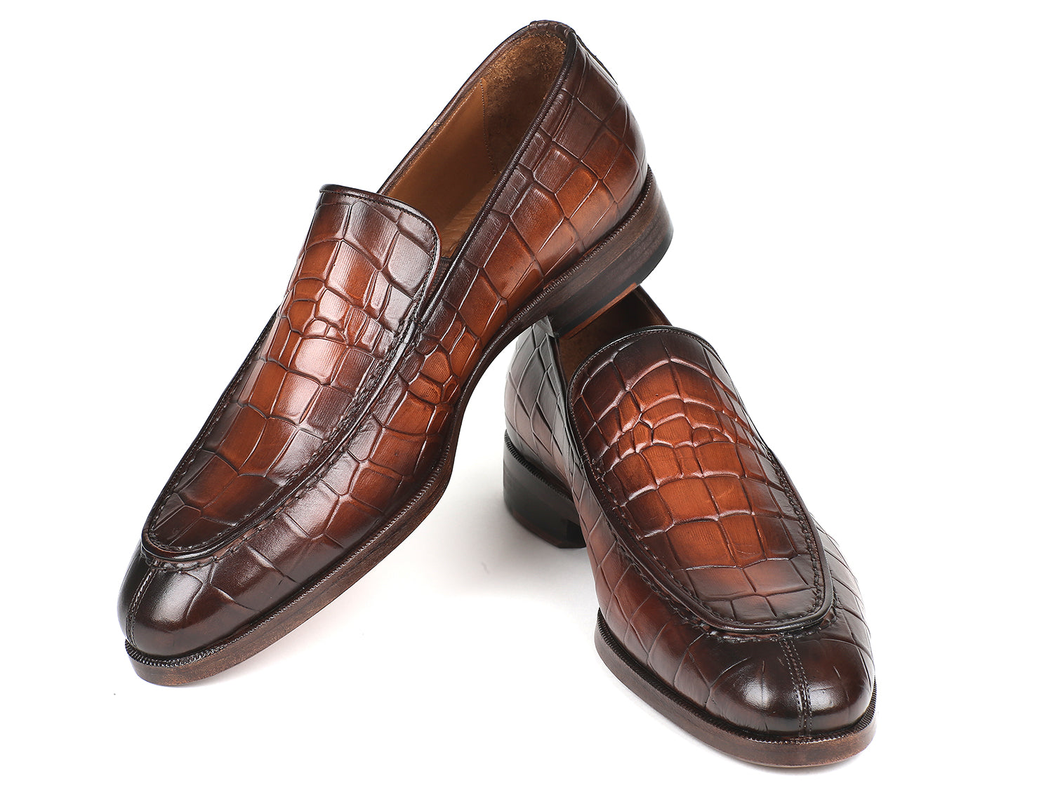 Paul Parkman Brown Burnished Crocodile Embossed Calfskin Loafers showcasing luxurious texture and elegant design.