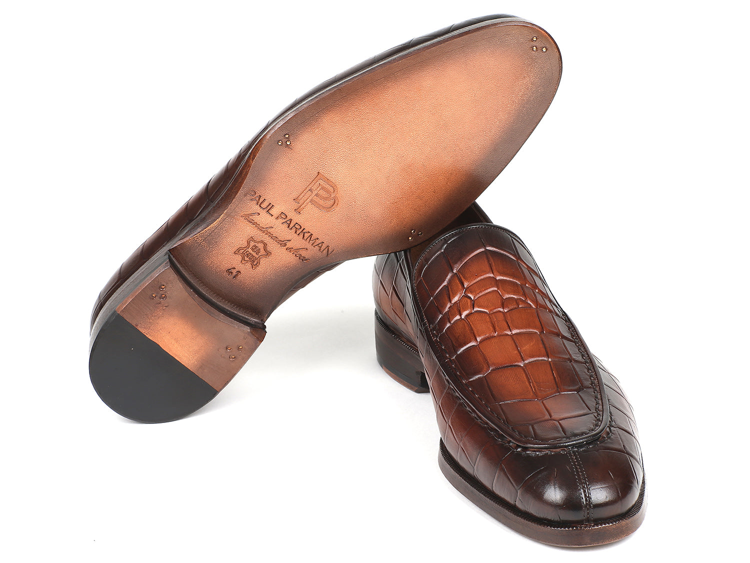 Paul Parkman Brown Burnished Crocodile Embossed Calfskin Loafers showcasing luxurious texture and elegant design.