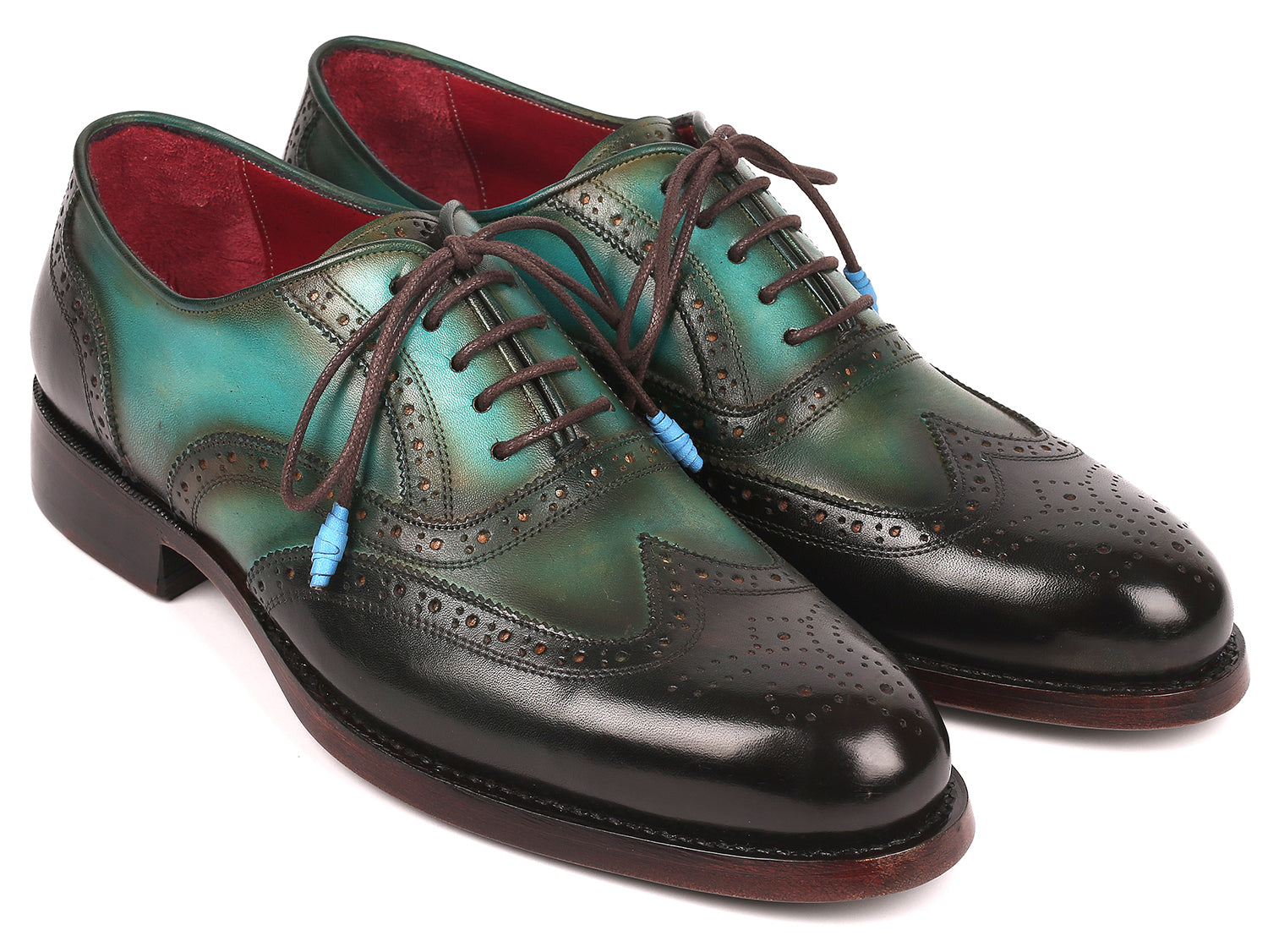 Paul Parkman Brown & Green Wingtip Oxfords showcasing hand-painted leather upper and Goodyear welted construction on a double leather sole.
