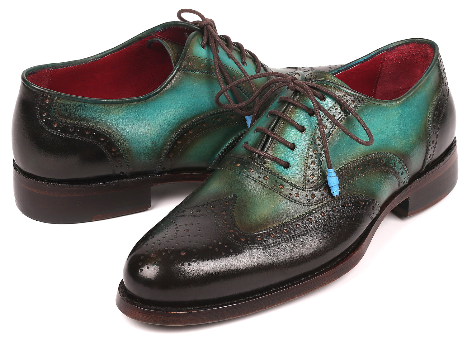 Paul Parkman Brown & Green Wingtip Oxfords showcasing hand-painted leather upper and Goodyear welted construction on a double leather sole.