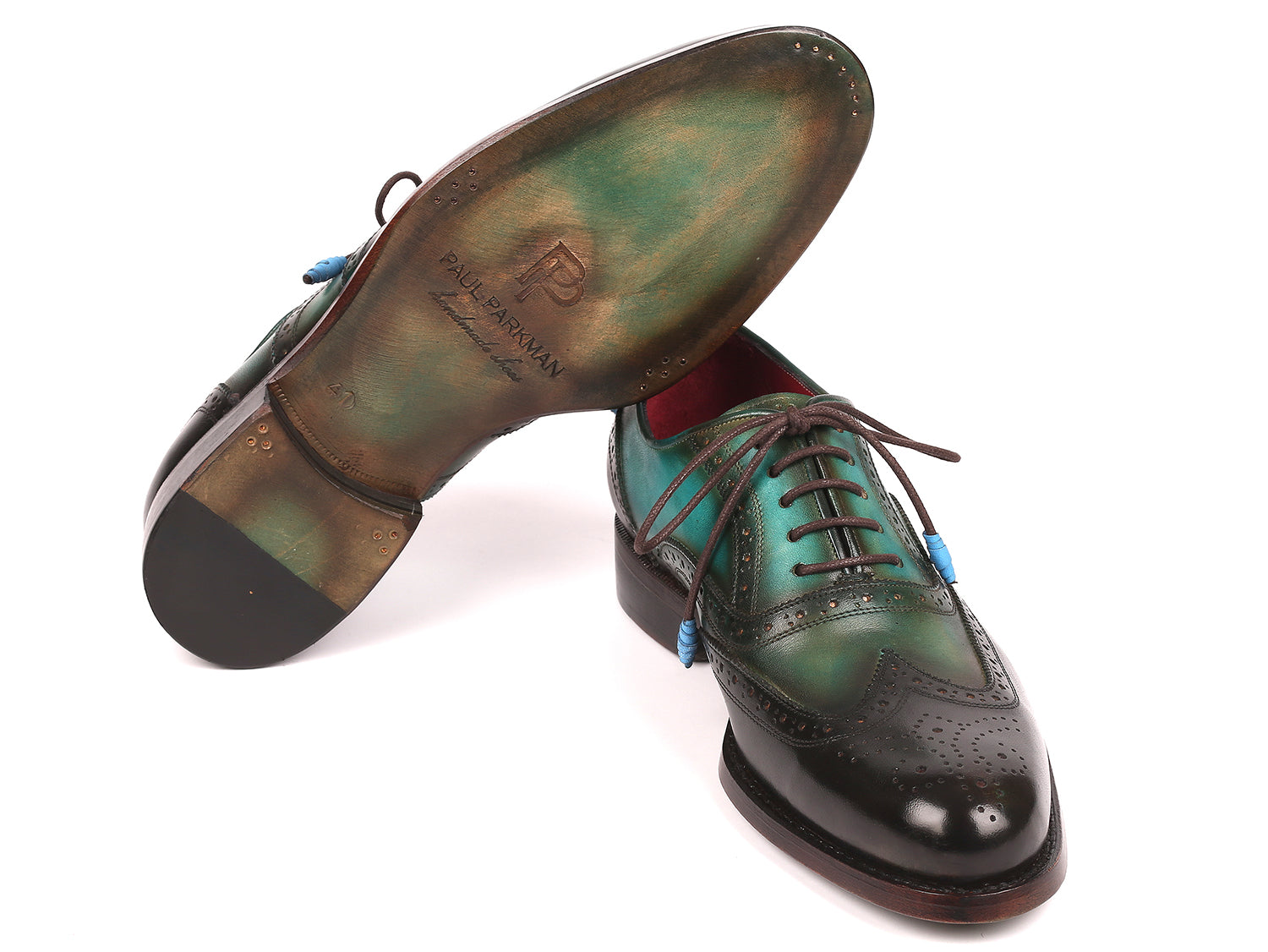 Paul Parkman Brown & Green Wingtip Oxfords showcasing hand-painted leather upper and Goodyear welted construction on a double leather sole.