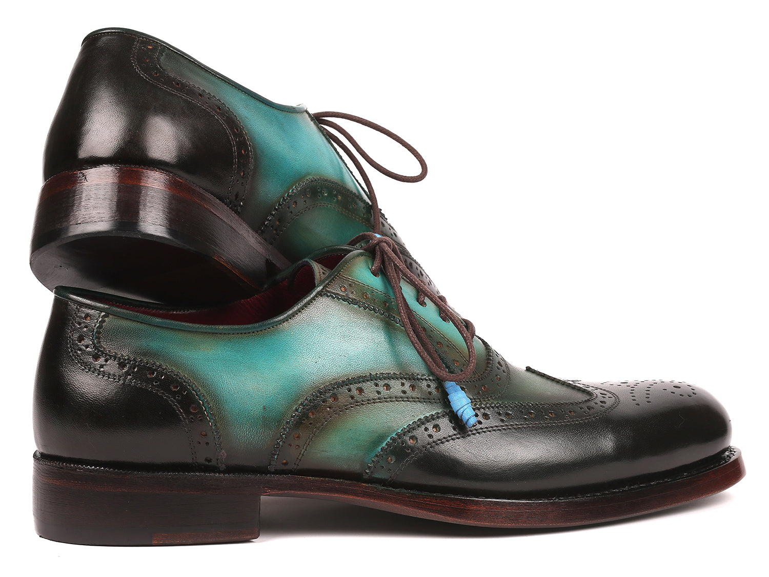 Paul Parkman Brown & Green Wingtip Oxfords showcasing hand-painted leather upper and Goodyear welted construction on a double leather sole.