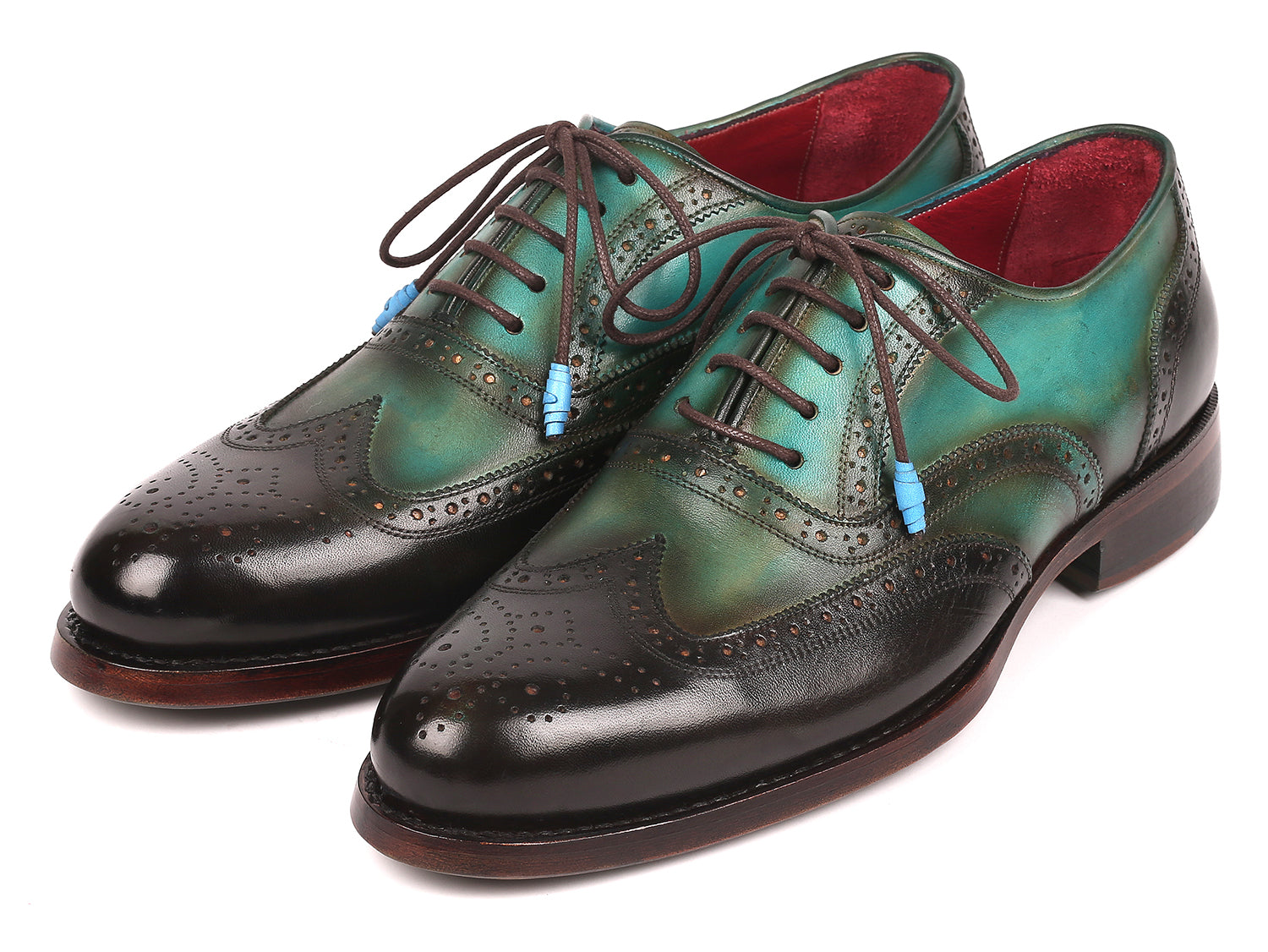 Paul Parkman Brown & Green Wingtip Oxfords showcasing hand-painted leather upper and Goodyear welted construction on a double leather sole.