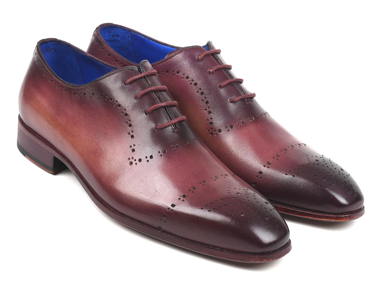Paul Parkman Burgundy Hand-Painted Classic Brogues featuring a soft calfskin upper, perforated design, and blue leather lining.