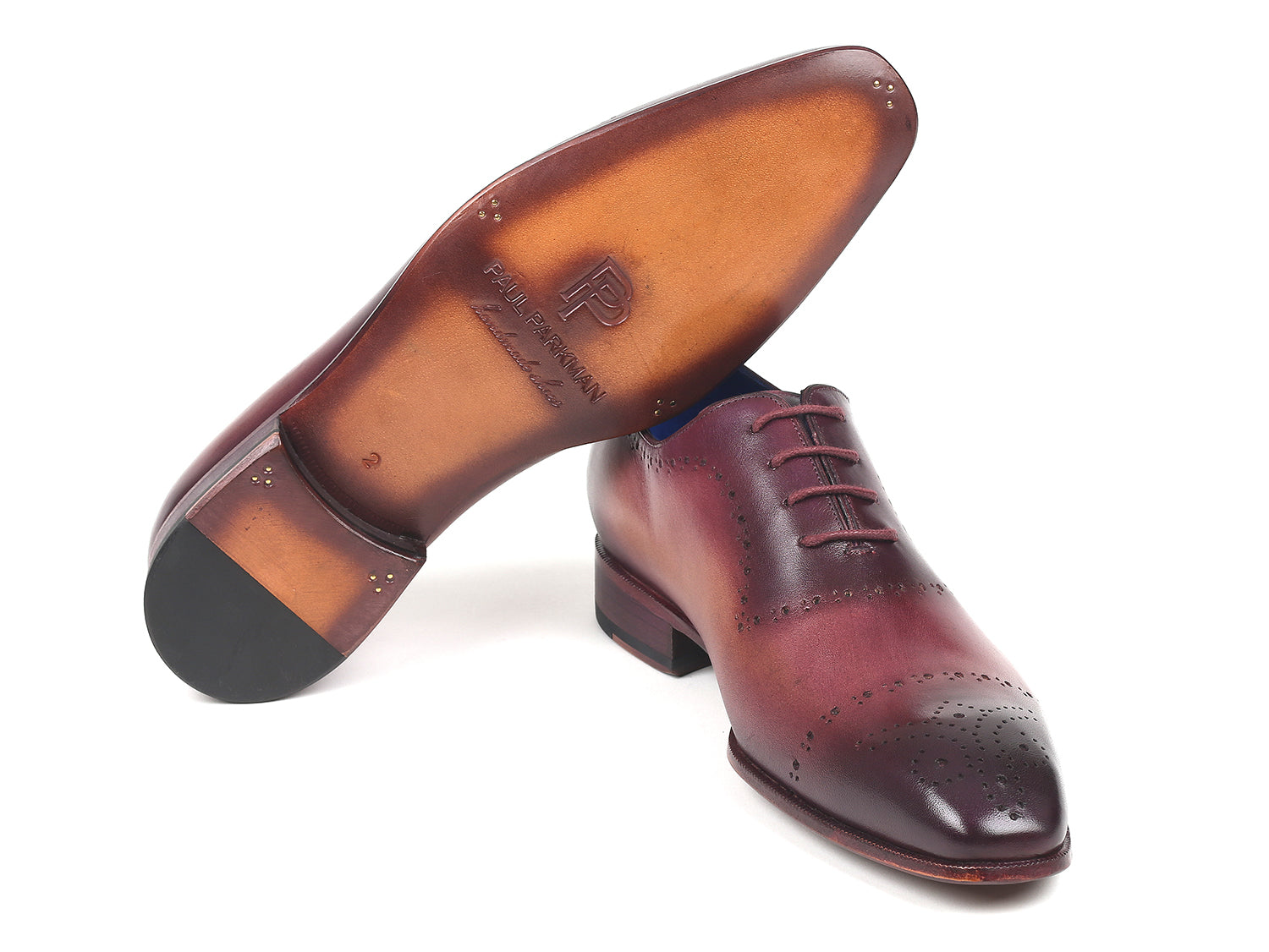 Paul Parkman Burgundy Hand-Painted Classic Brogues featuring a soft calfskin upper, perforated design, and blue leather lining.