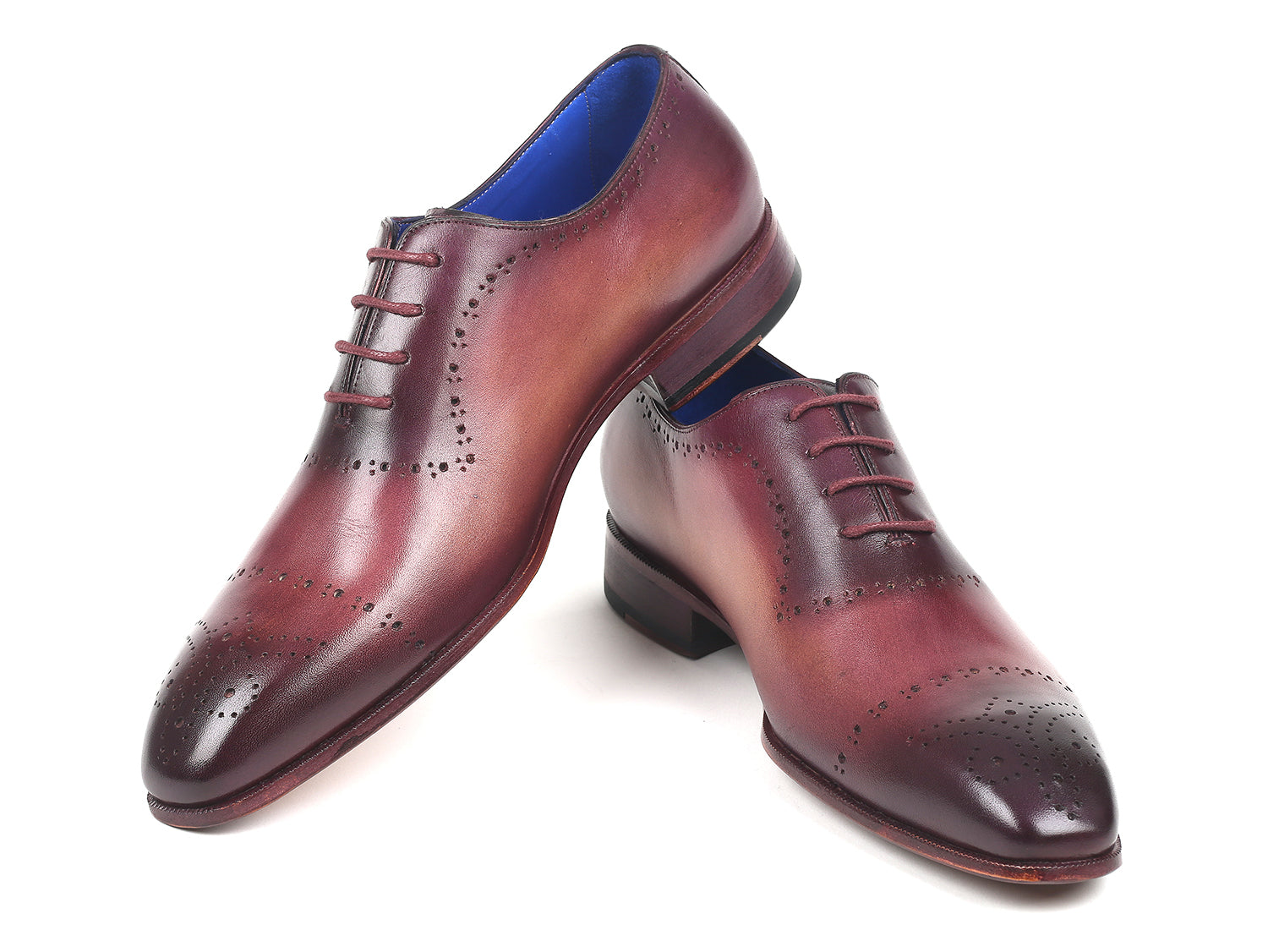 Paul Parkman Burgundy Hand-Painted Classic Brogues featuring a soft calfskin upper, perforated design, and blue leather lining.