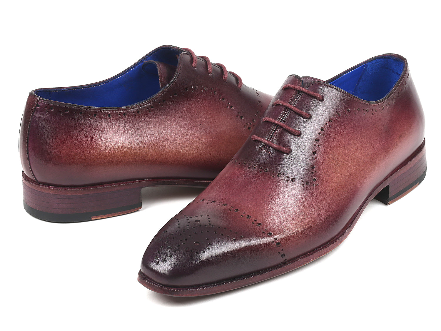 Paul Parkman Burgundy Hand-Painted Classic Brogues featuring a soft calfskin upper, perforated design, and blue leather lining.