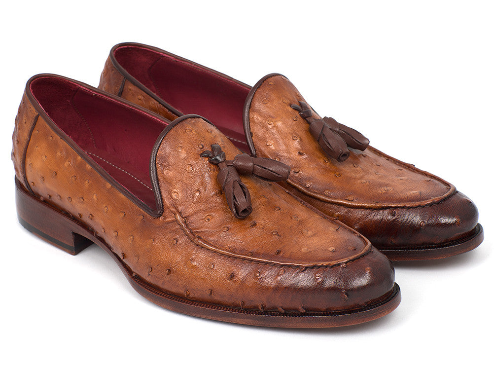 Paul Parkman Camel Brown Genuine Ostrich Tassel Loafers showcasing luxurious ostrich leather, tassel detail, and antique finished sole.