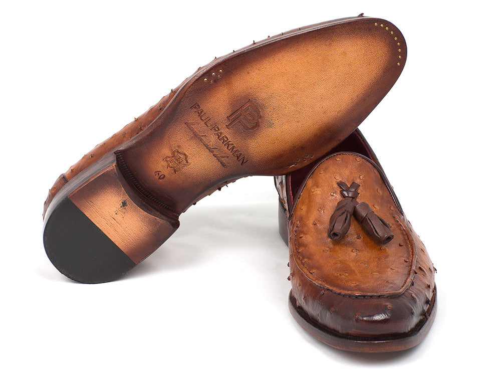 Paul Parkman Camel Brown Genuine Ostrich Tassel Loafers showcasing luxurious ostrich leather, tassel detail, and antique finished sole.