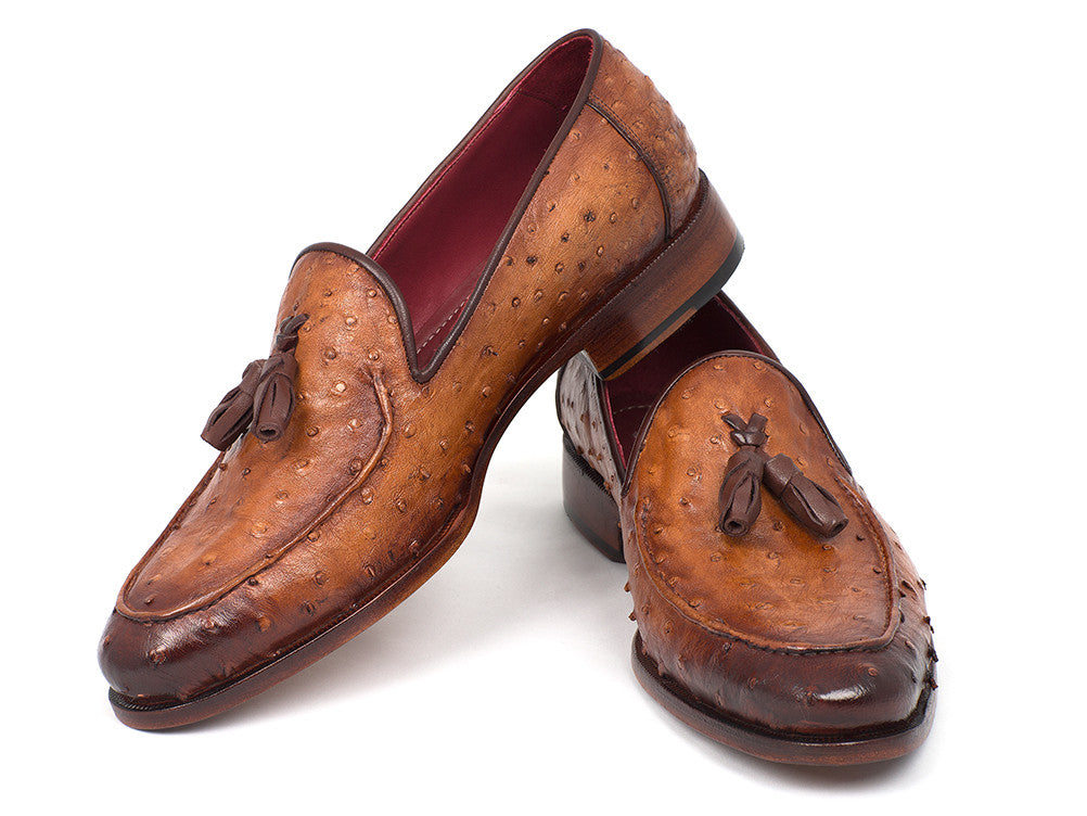 Paul Parkman Camel Brown Genuine Ostrich Tassel Loafers showcasing luxurious ostrich leather, tassel detail, and antique finished sole.