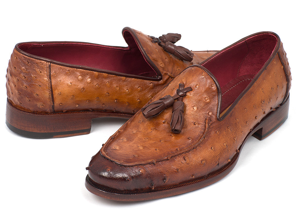 Paul Parkman Camel Brown Genuine Ostrich Tassel Loafers showcasing luxurious ostrich leather, tassel detail, and antique finished sole.