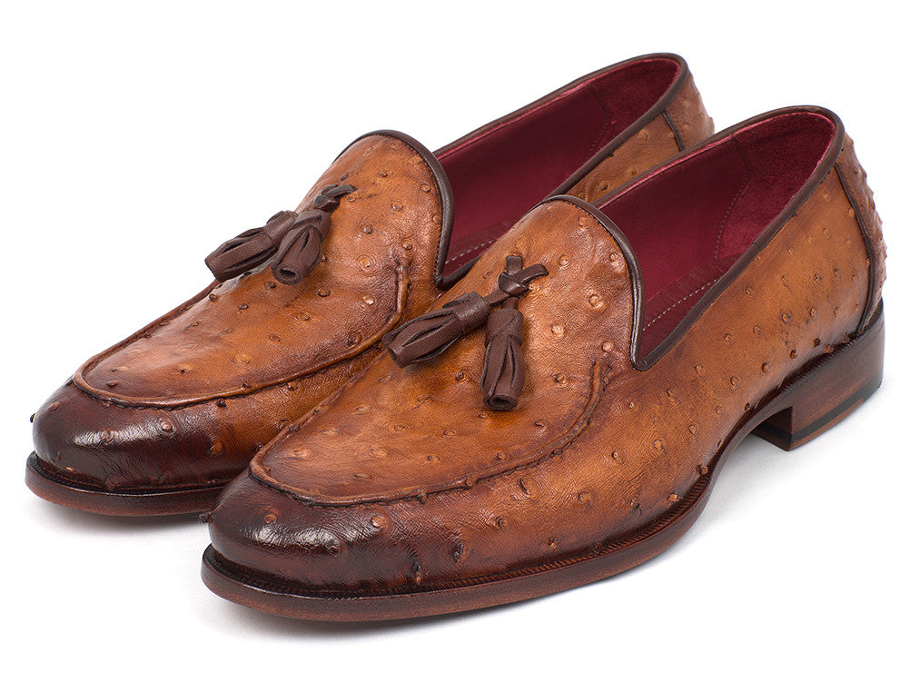 Paul Parkman Camel Brown Genuine Ostrich Tassel Loafers showcasing luxurious ostrich leather, tassel detail, and antique finished sole.