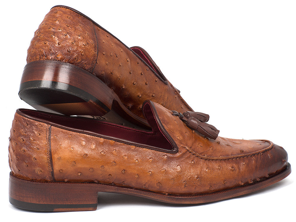 Paul Parkman Camel Brown Genuine Ostrich Tassel Loafers showcasing luxurious ostrich leather, tassel detail, and antique finished sole.