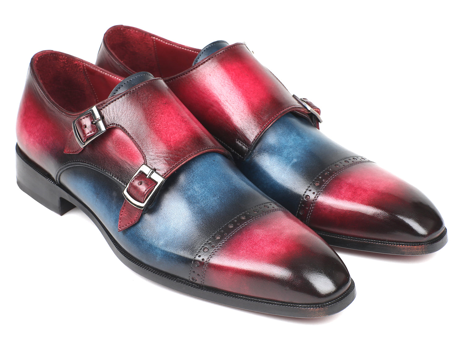 Paul Parkman Captoe Double Monkstraps in Blue & Fuxia, showcasing hand-painted leather and elegant double monkstrap design.