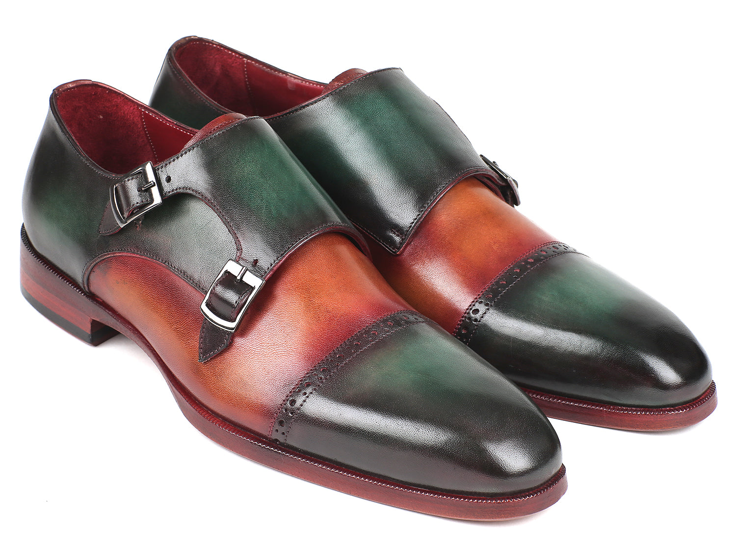 Paul Parkman Captoe Double Monkstraps in Green and Camel, showcasing hand-painted leather and elegant double monkstrap design.