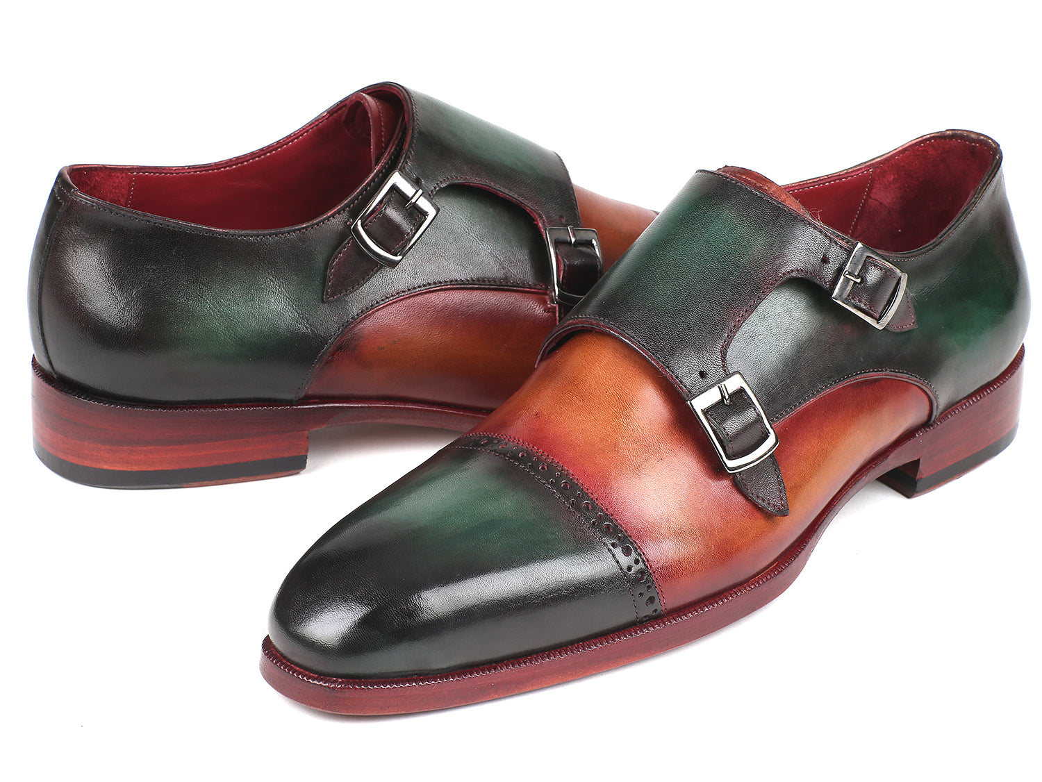 Paul Parkman Captoe Double Monkstraps in Green and Camel, showcasing hand-painted leather and elegant double monkstrap design.