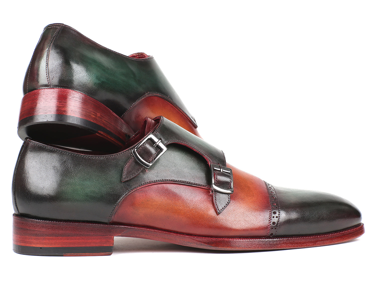 Paul Parkman Captoe Double Monkstraps in Green and Camel, showcasing hand-painted leather and elegant double monkstrap design.