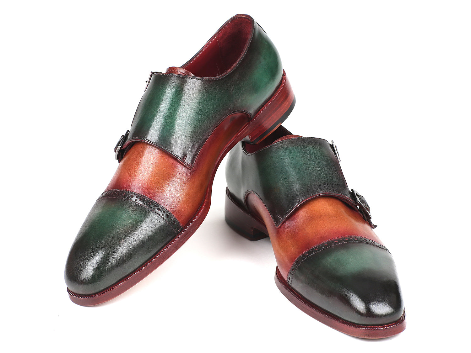 Paul Parkman Captoe Double Monkstraps in Green and Camel, showcasing hand-painted leather and elegant double monkstrap design.