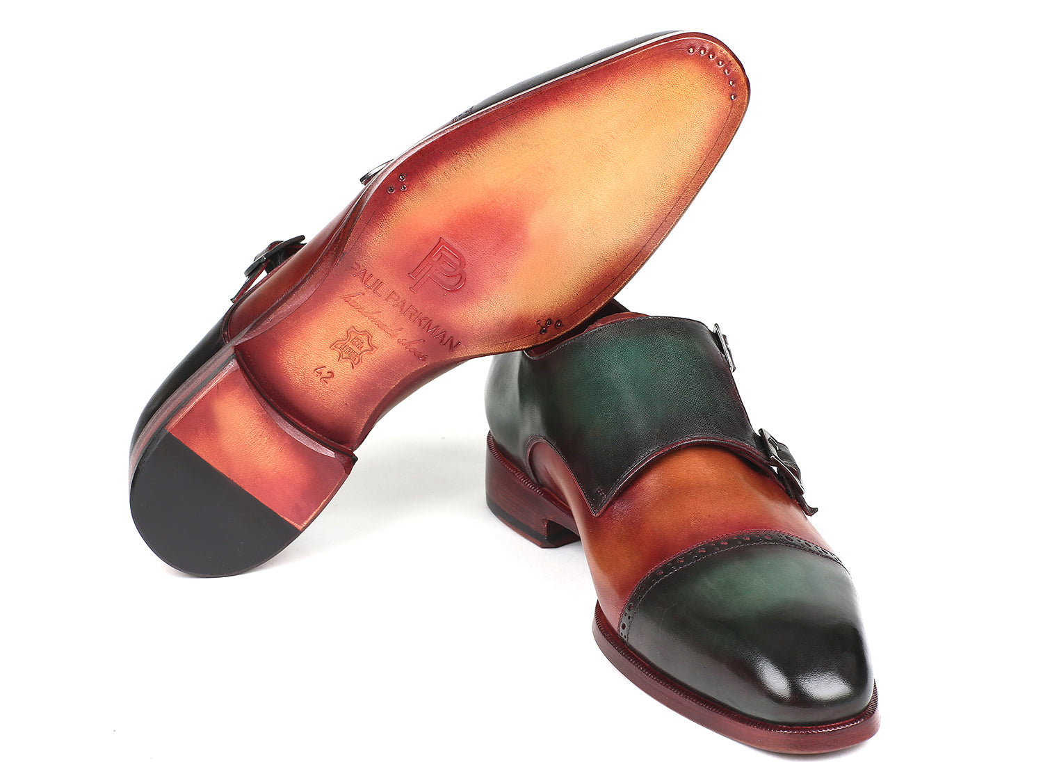 Paul Parkman Captoe Double Monkstraps in Green and Camel, showcasing hand-painted leather and elegant double monkstrap design.